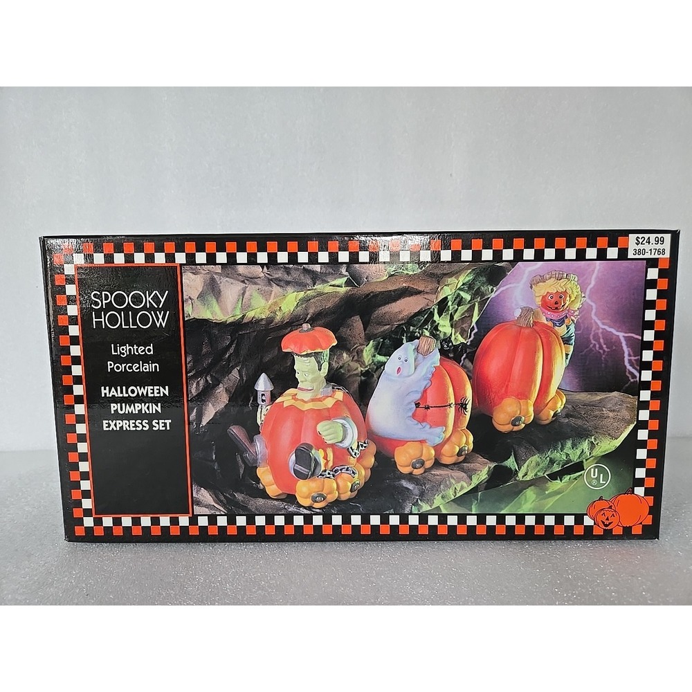 Spooky Hollow Lighted Porcelain Halloween Pumpkin Express 3 Train Set 1997 Light